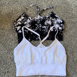 Never worn, very stretchy seamless y strap bras, no padding in white and tie dye